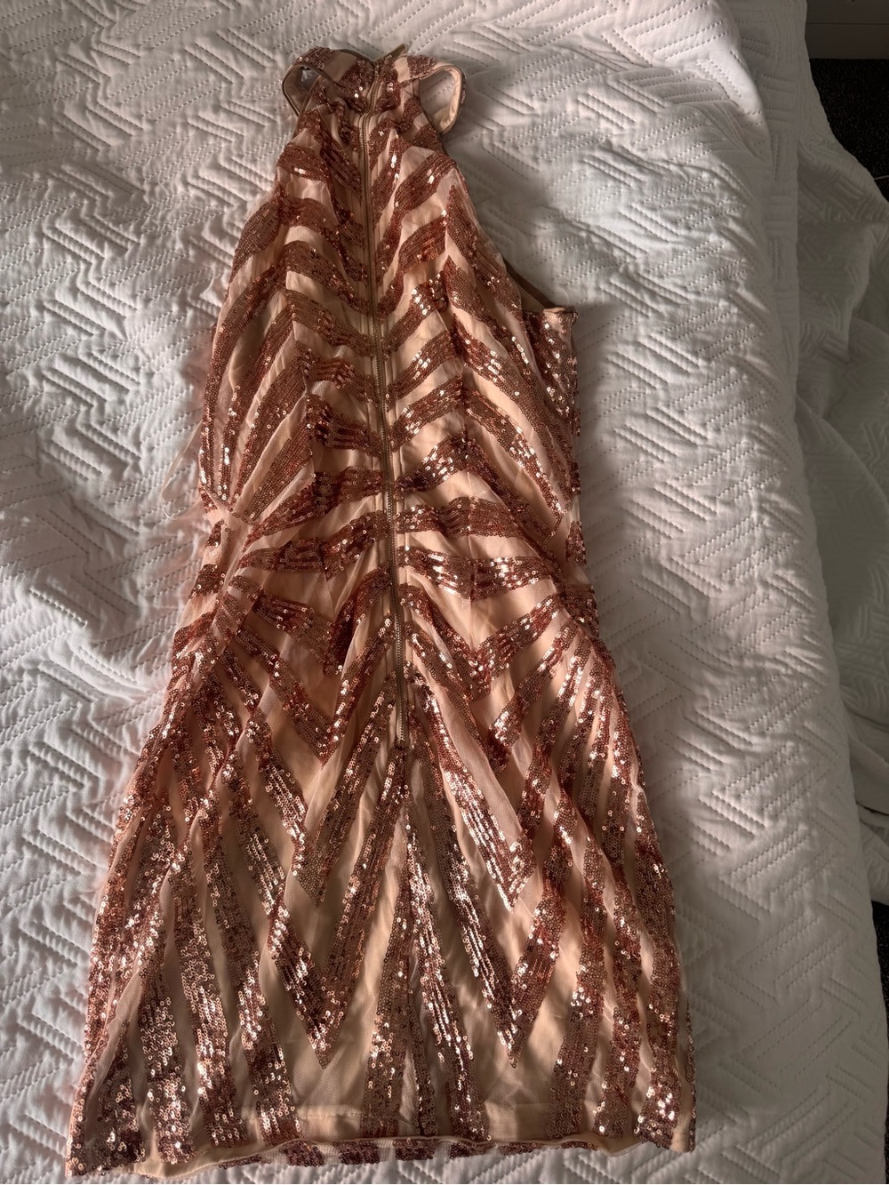 Fashion Nova Rose Gold Sequin Asymmetrical dress